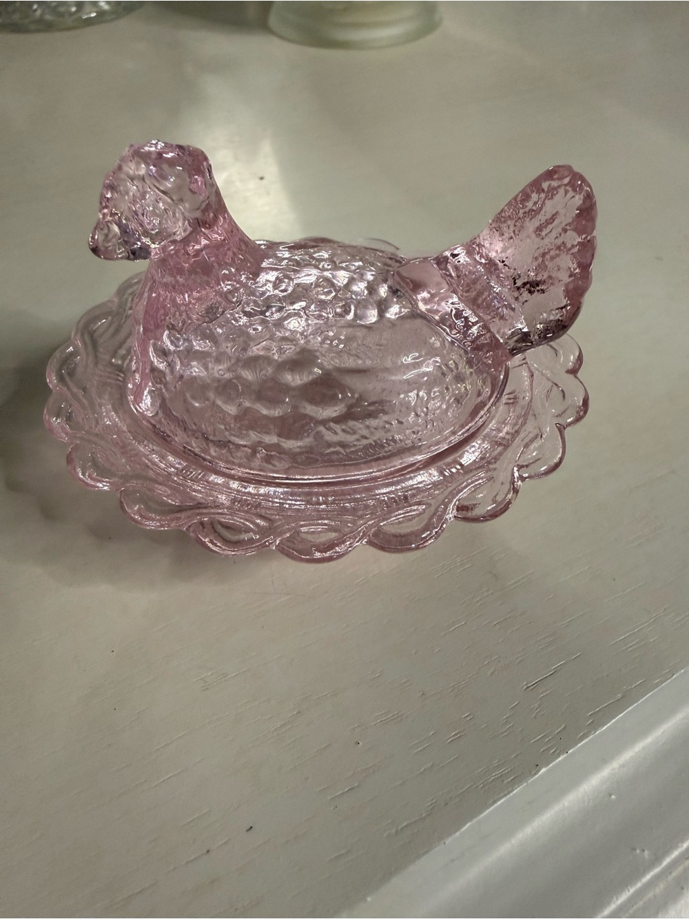 Light pink Mini Mosser hen on nest - not vintage